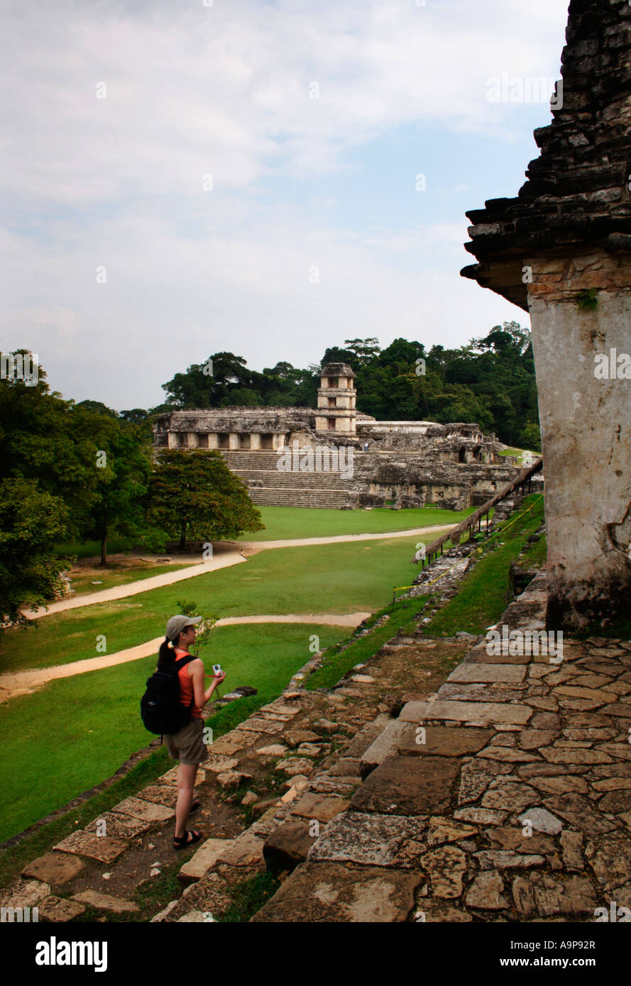 Wiew des Palastes aus dem Tempel des Schädels, Palenque, archäologische Maya Ruine, Chiapas, Mexiko Stockfoto