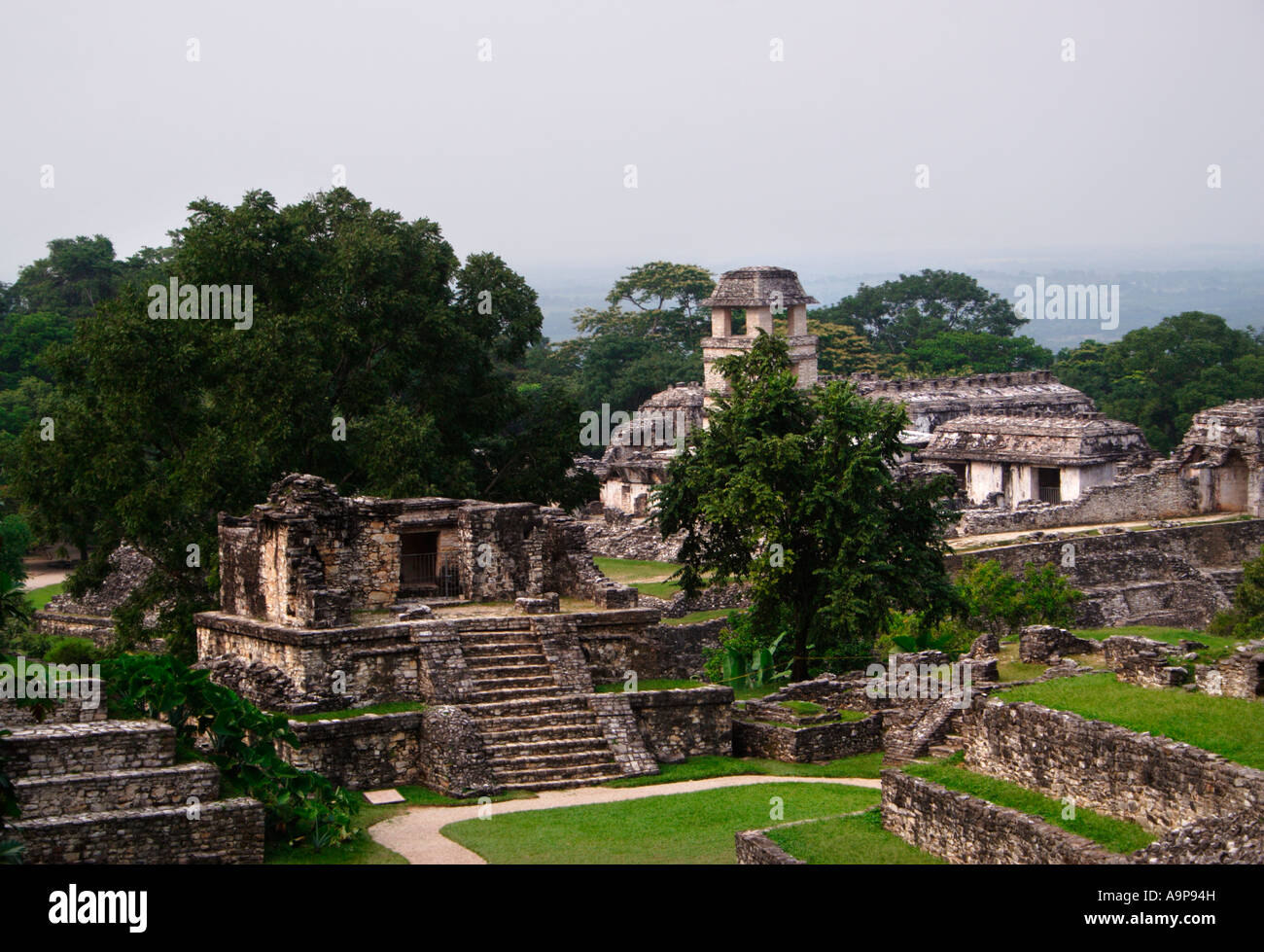 Der Palast, Palenque, archäologische Maya-Ruine Standort, Chiapas, Mexiko Stockfoto