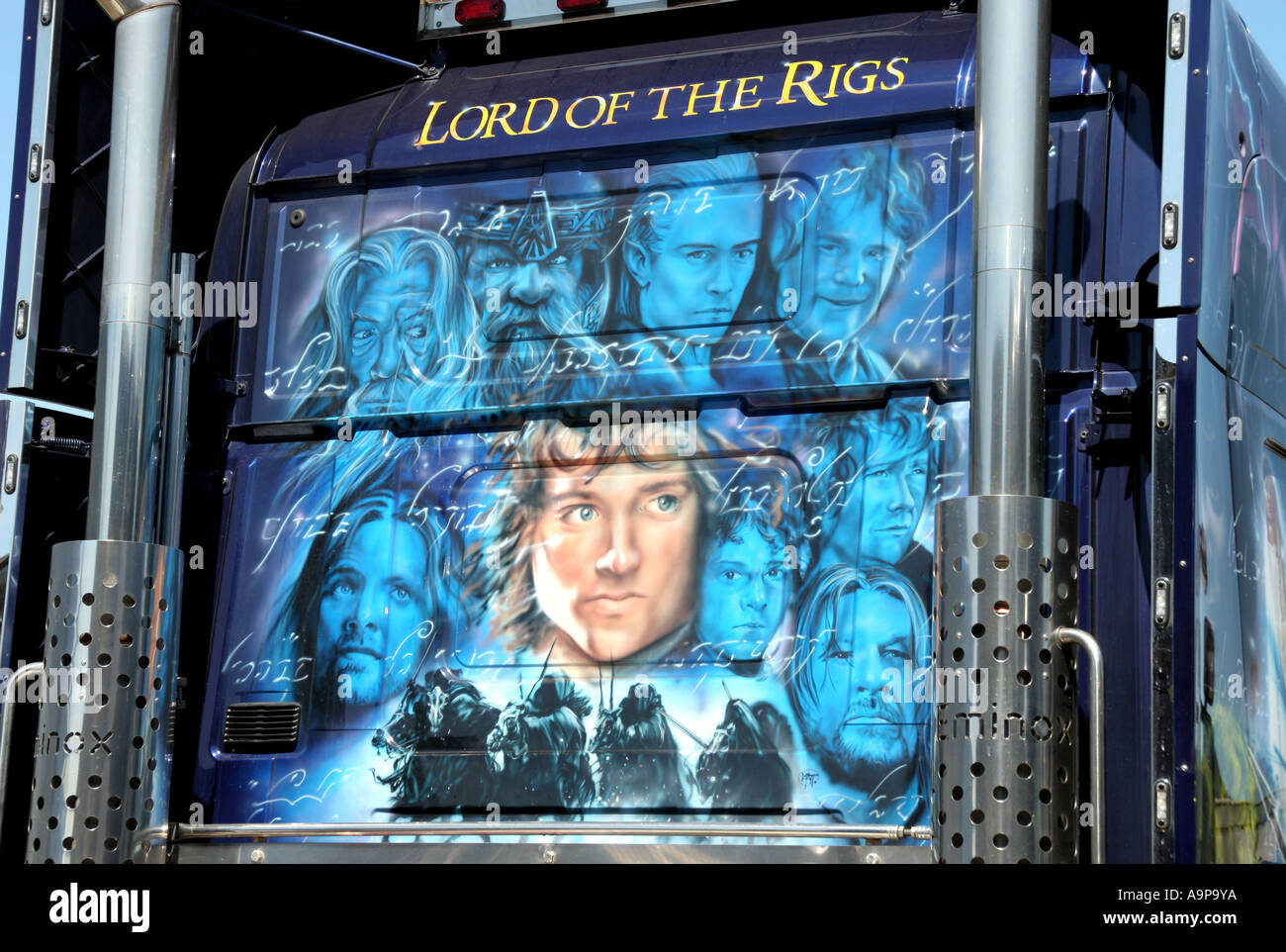 Herr der Ringe Airbrush Wandbild auf Scania-LKW-Fahrerhaus. Oxfordshire, England Stockfoto