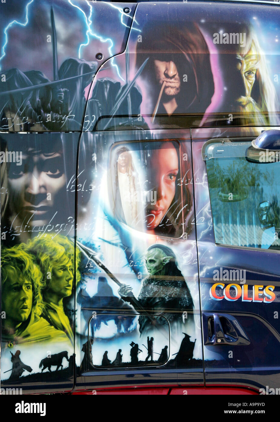 Herr der Ringe Airbrush Wandbild auf Scania-LKW-Fahrerhaus. Oxfordshire, England Stockfoto