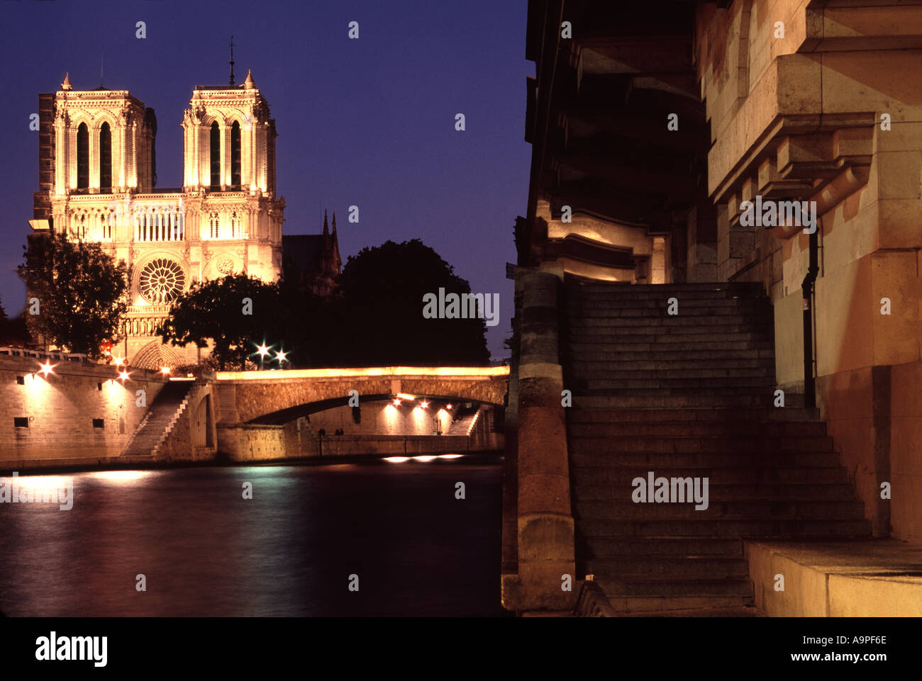 Notre Dame und Sein Fluss mit Gehweg in der Nacht Paris Frankreich Stockfoto