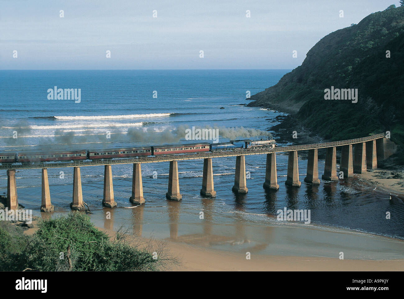 Dampfzug Outeniqua Choo Choo auf Eisenbahnbrücke über Kaaiman s River Mündung Kapprovinz in Südafrika Stockfoto