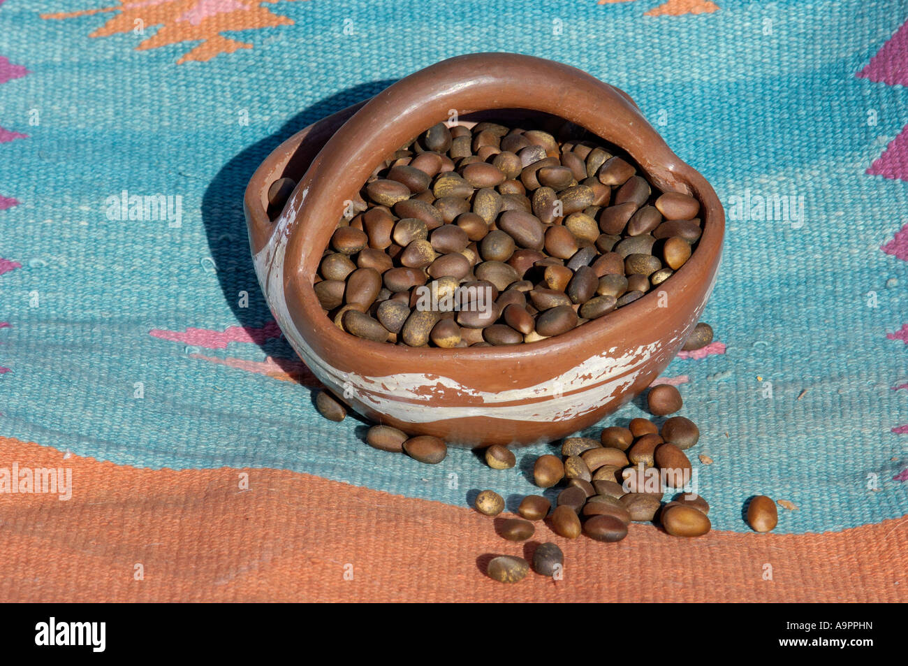 Pinon Nüsse, ein wichtiges Nahrungsmittel des südwestlichen gebürtigen Amerikaner in einem Pueblo Indian Keramik Schüssel. Digitale Fotografie Stockfoto