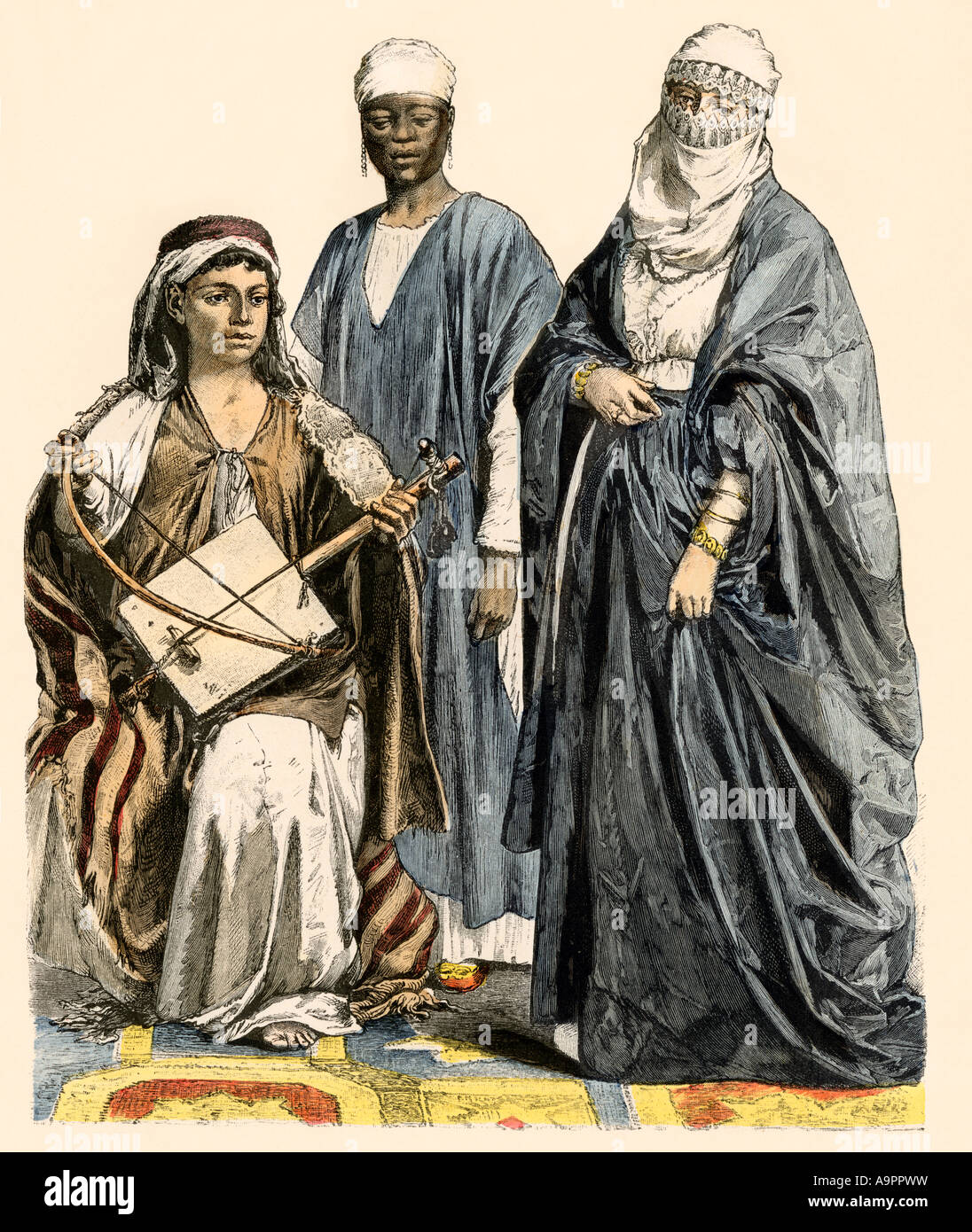 Bedouin Musiker, afrikanische Sklaven und eine muslimische Frau in der Straße kleid Kairo Ägypten 1800. Hand-farbig drucken Stockfoto