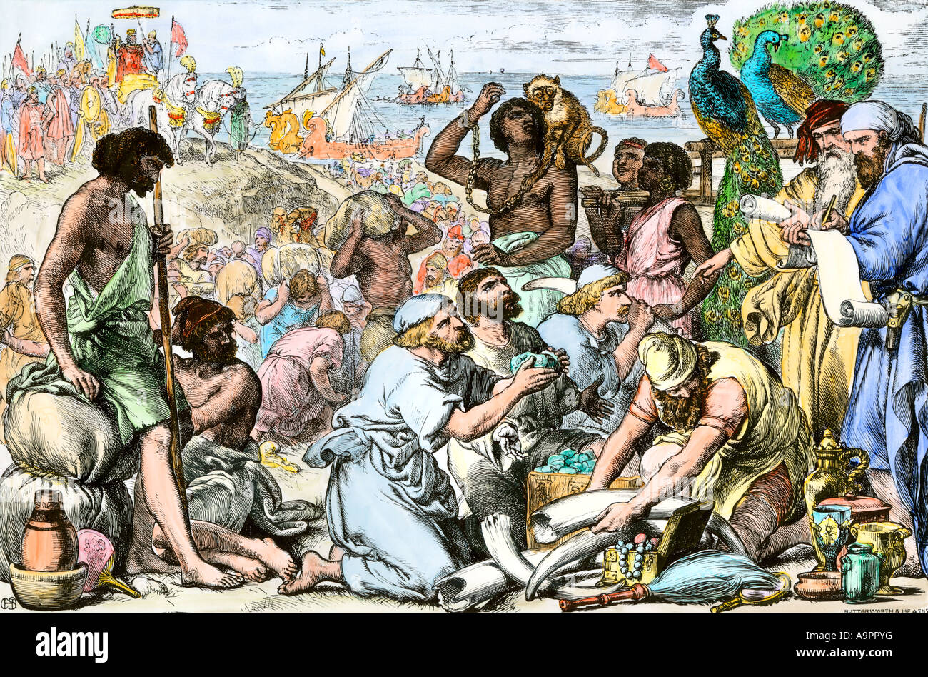 Schiffe des Kï¿½igs Salomo waren im Handel mit Phönizische Händler. Hand - farbige Holzschnitt Stockfoto