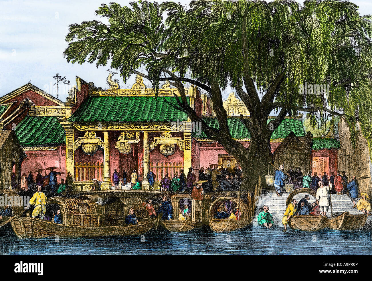 Szene entlang der Pearl River im Kanton China 1860. Hand - farbige Holzschnitt Stockfoto