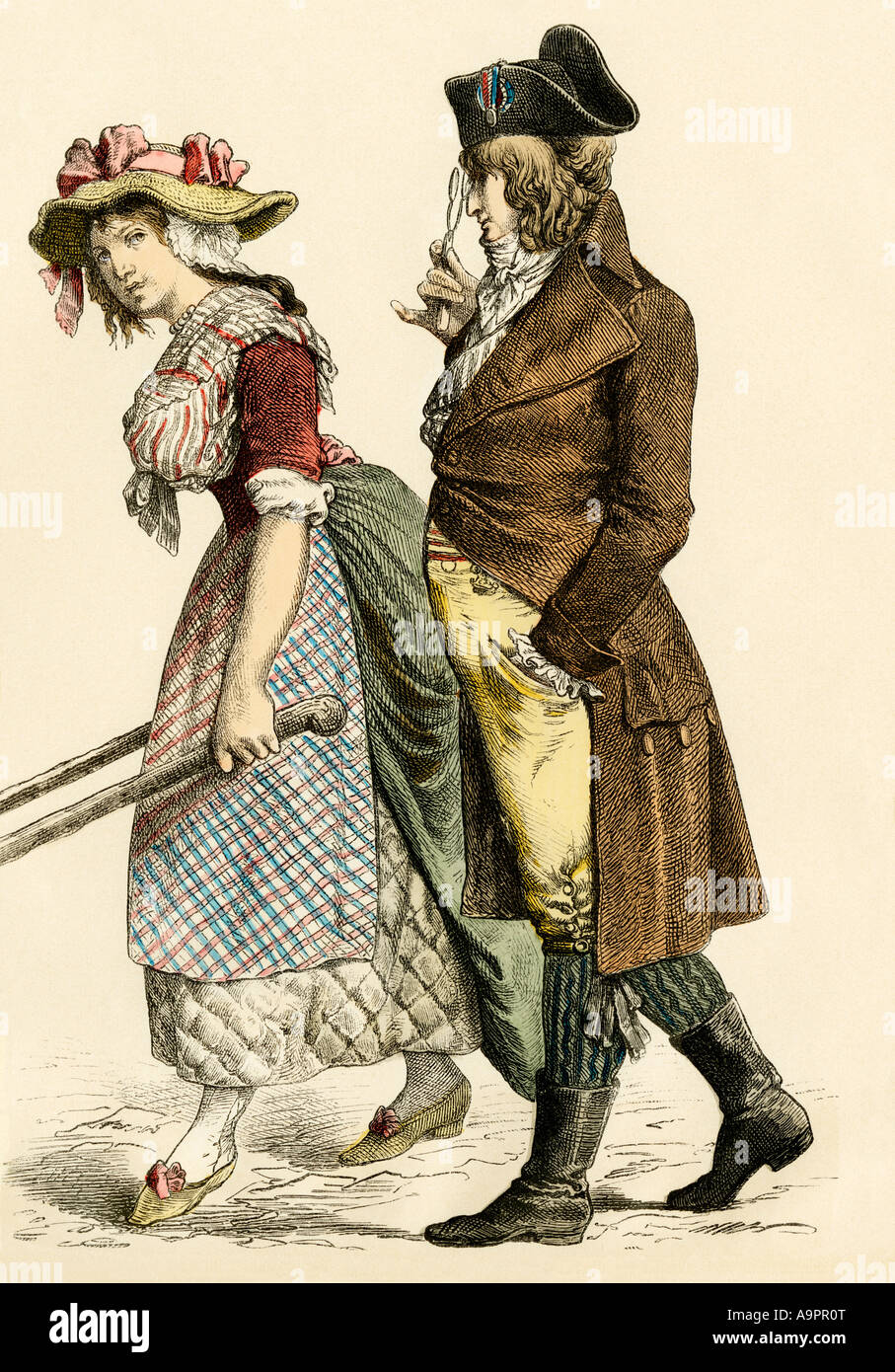 Kleidung von einer Stadt - Wohnung französischen Frau und Mann 1796. Hand-farbig drucken Stockfoto