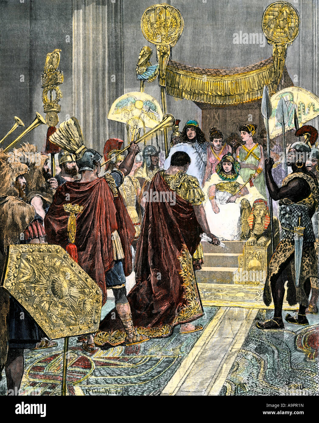 Cleopatra empfangen Marc Antony im alten Ägypten 41 BC. Hand - farbige Holzschnitt Stockfoto