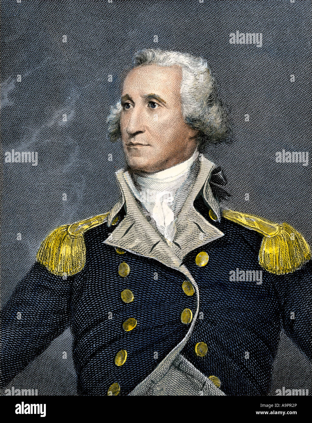 General George Washington. Handcolorierte Stahlstich Stockfoto