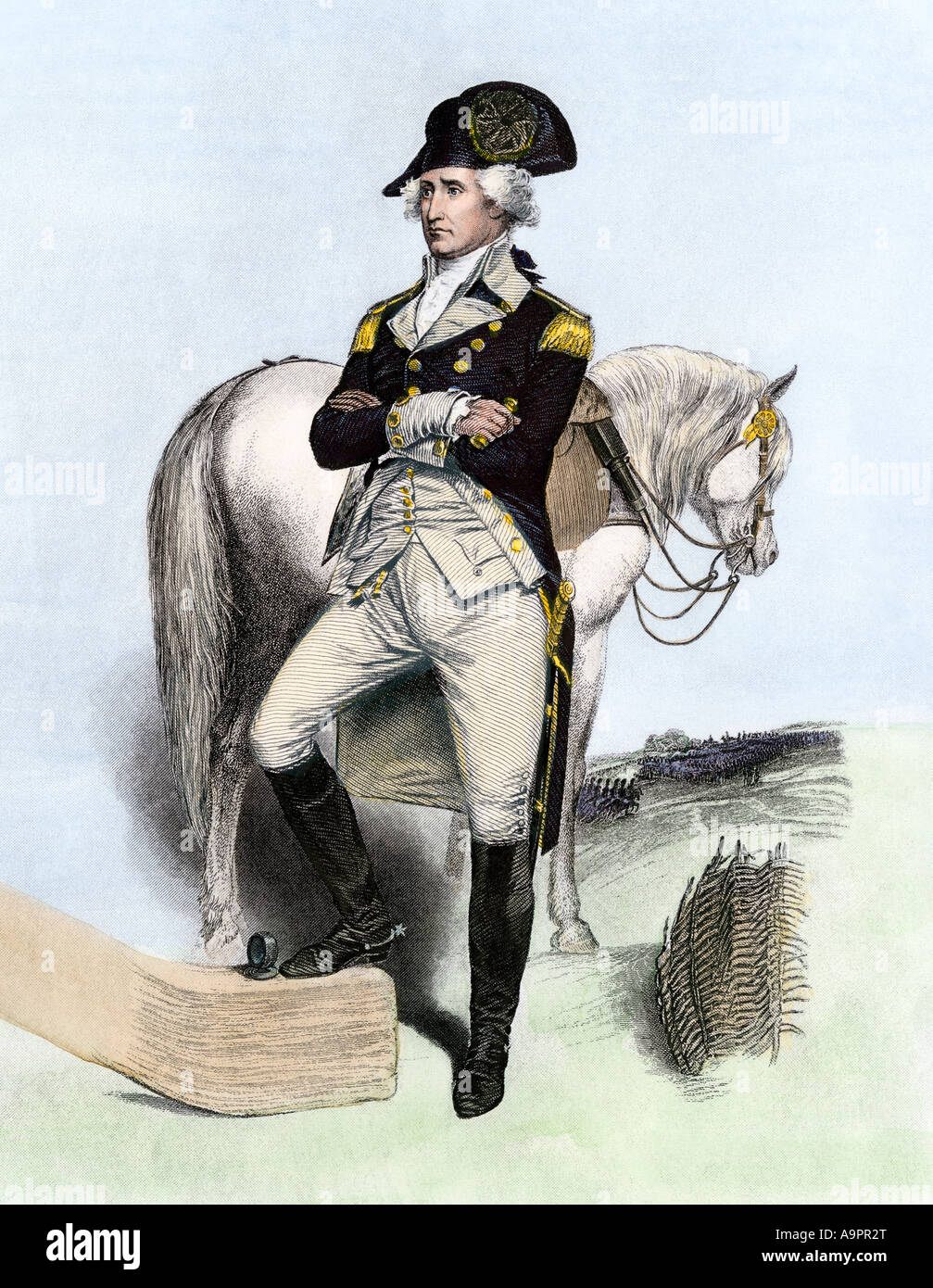 George Washington nach dem übernehmen das Kommando über die Armee 1775. Handcolorierte Stahlstich Stockfoto