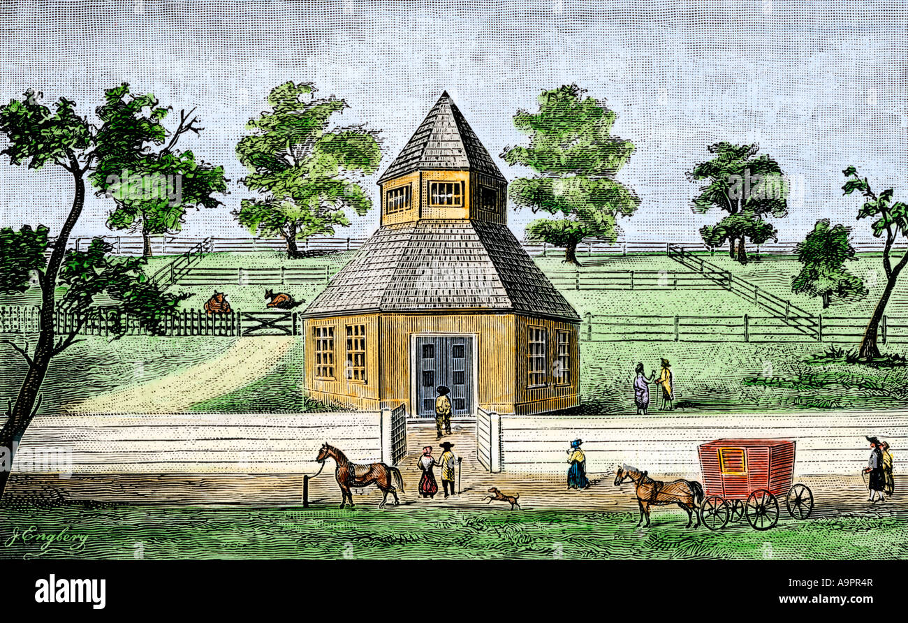 Erste Quaker Meeting House in Burlington, New Jersey ein sechseck im Jahre 1683 gebaut. Hand - farbige Holzschnitt Stockfoto