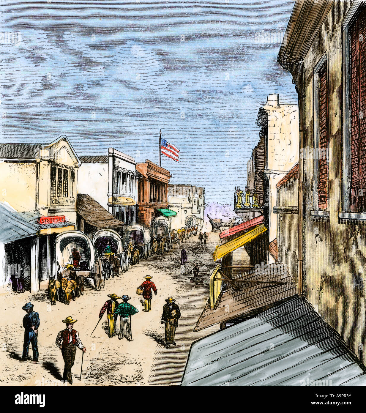 Gedeckte Güterwagen in San Antonio Texas 1870. Hand - farbige Holzschnitt Stockfoto