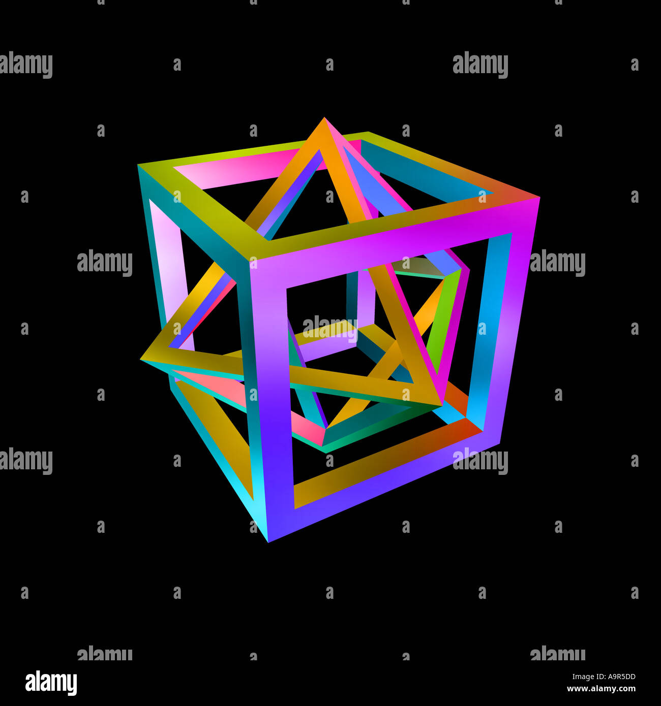 Bunte Geometrie einer doppelten Pyramide im hohlen Würfel Stockfoto