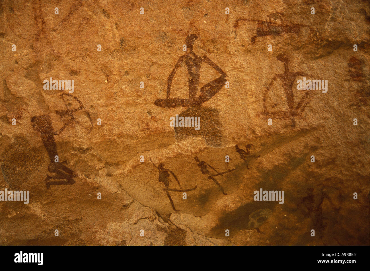 Felsmalereien, die von San Leute oder Buschmänner Twfelfontein National Monument Damaraland Namibia Nordafrika Stockfoto