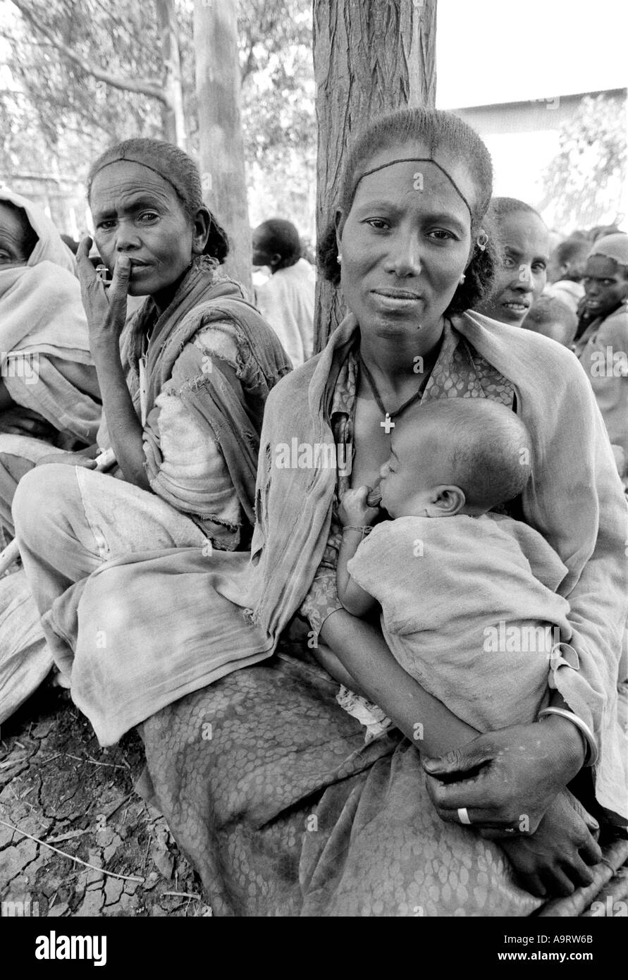 S/W von geduldigen Frauen und Kindern, die in Zeiten von Hungersnot und Bürgerkrieg in einem Verteilungszentrum unter Bäumen auf Nahrungsmittelhilfe warten. Tigray, Äthiopien Stockfoto