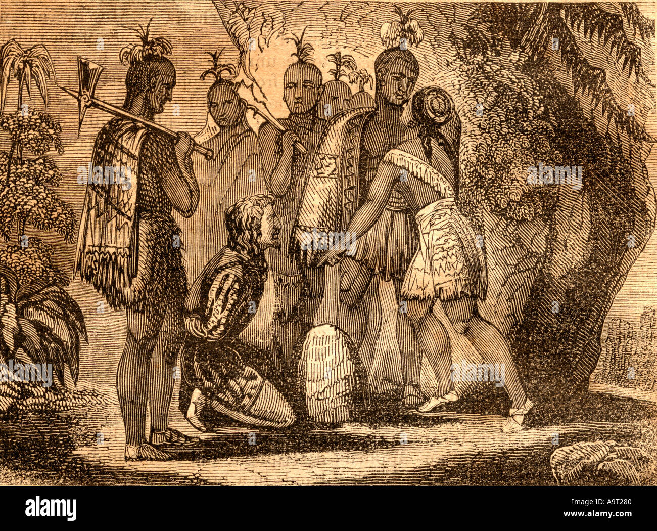 Pocahontas Fürbitte für das Leben des Captain John Smith. Stockfoto