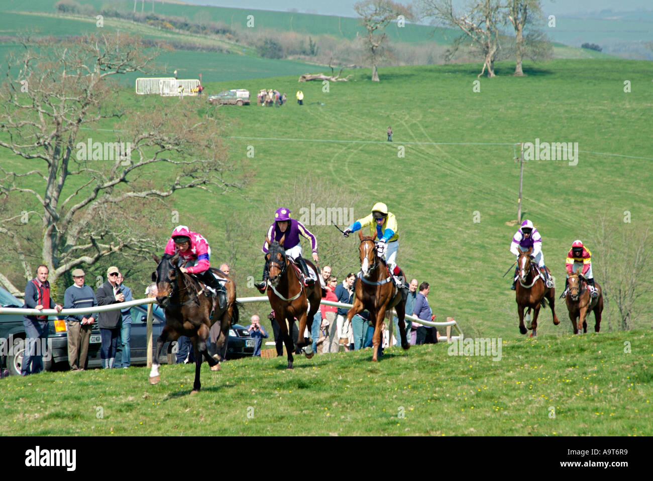Pferde und Fahrer, die bei einem beliebten Point-to-Point-Treffen in der Landschaft von South Devon ins Ziel Rennen. GROSSBRITANNIEN Stockfoto