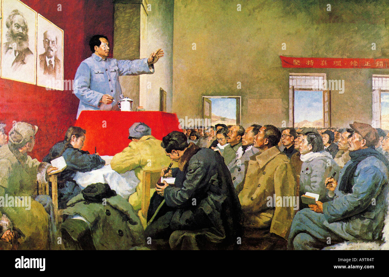 MAO TSE-TUNG Gemälde zeigt Mao im Gespräch mit Kadern der Division 120 der Route 8. Armee im Februar 1942 Stockfoto