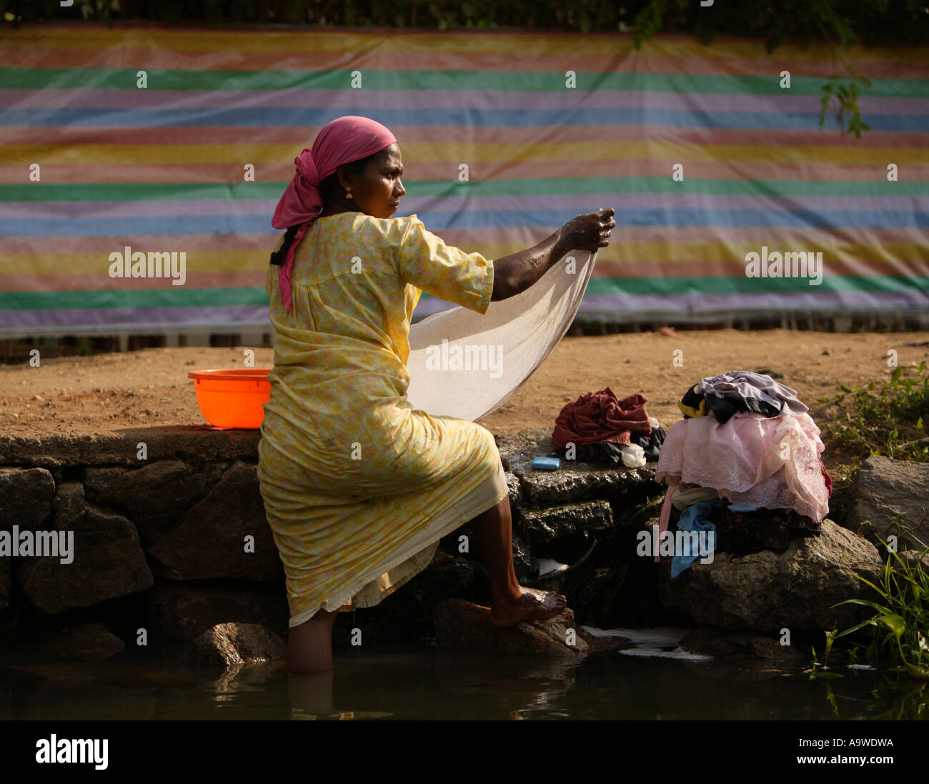Frau arbeitet an Keralas Backwaters, Alappuzha (Alleppey), Kerala, Südindien Stockfoto