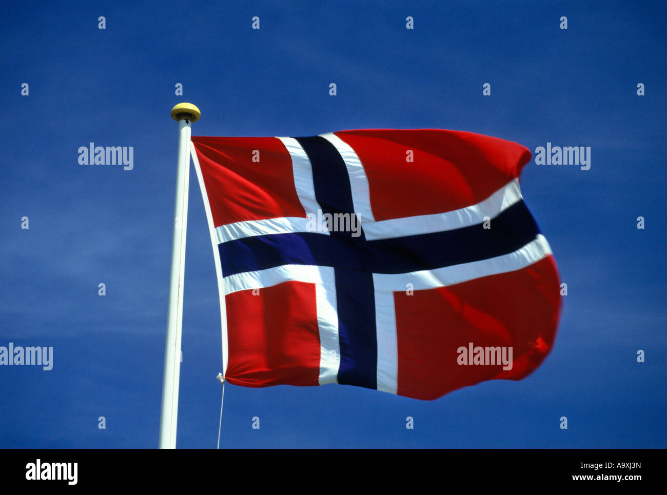 FLAGGE NORWEGENS AUF FAHNENMAST AM KLAREN BLAUEN HIMMEL Stockfoto