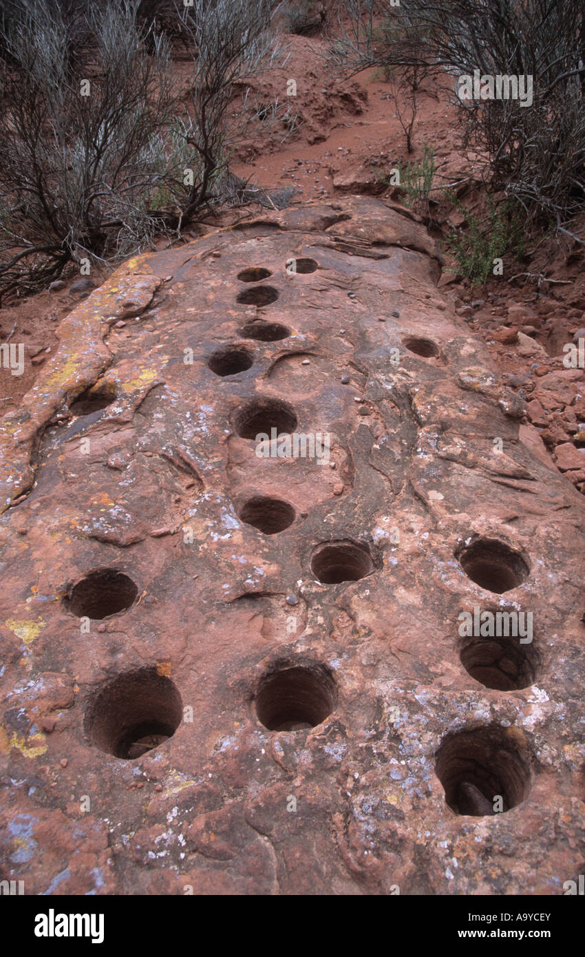 Pre-Columbian Mörtel Löcher in Fels gehauen, Talampaya Nationalpark, Argentinien Stockfoto