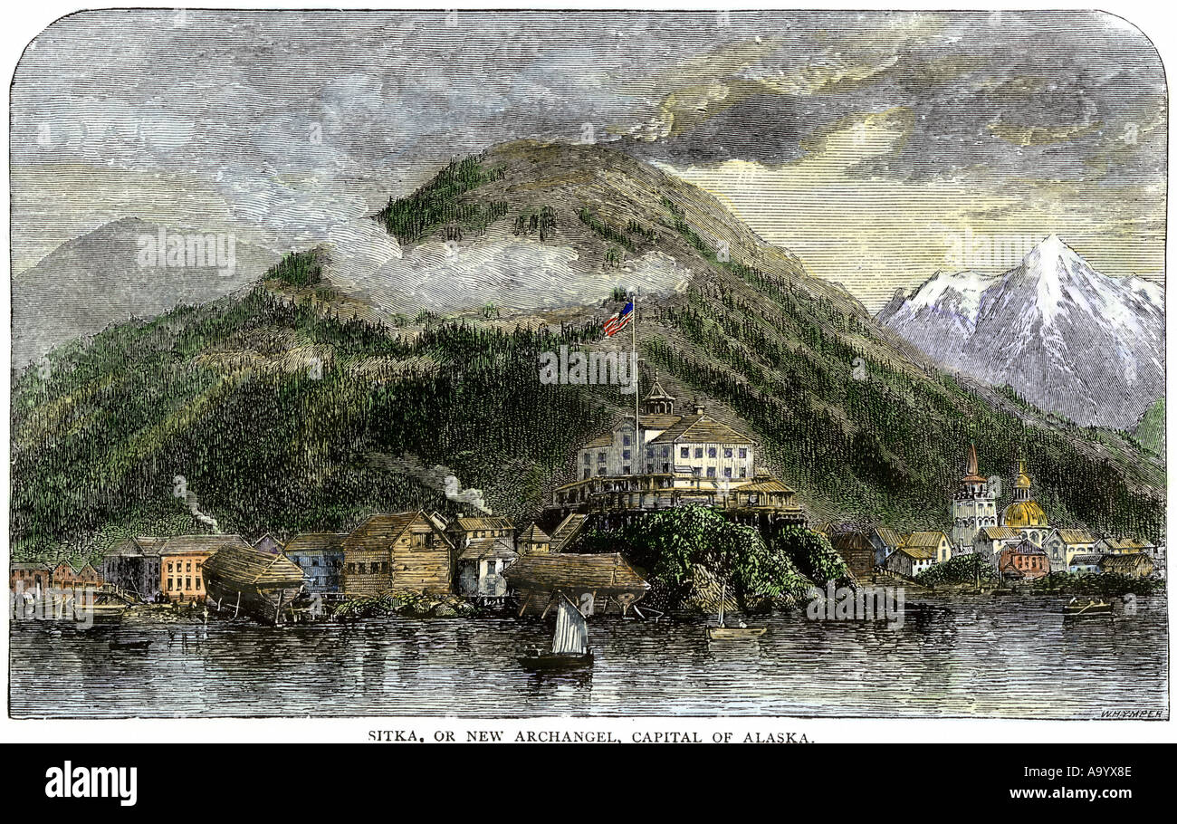 Sitka oder Neue Erzengel Hauptstadt Alaskas 1869 nach dem Kauf aus Russland. Hand - farbige Holzschnitt Stockfoto