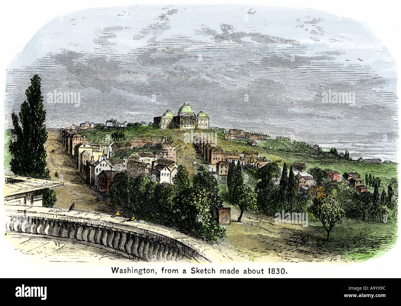 Washington DC aus einer Skizze um 1830 gemacht. Hand - farbige Holzschnitt Stockfoto