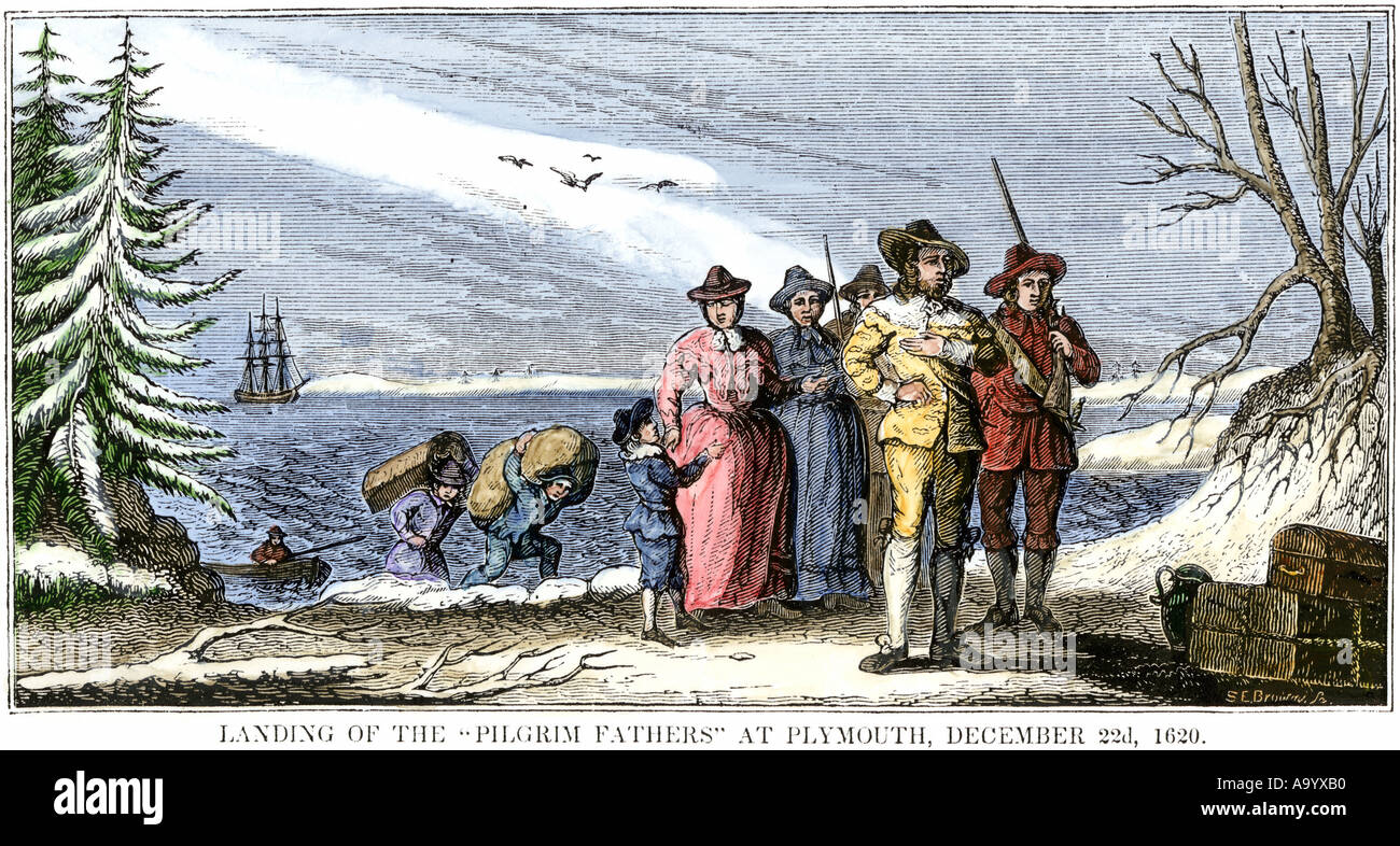 Pilger, die an Land kommen bei Plymouth Massachusetts 22. Dezember 1620. Hand - farbige Holzschnitt Stockfoto