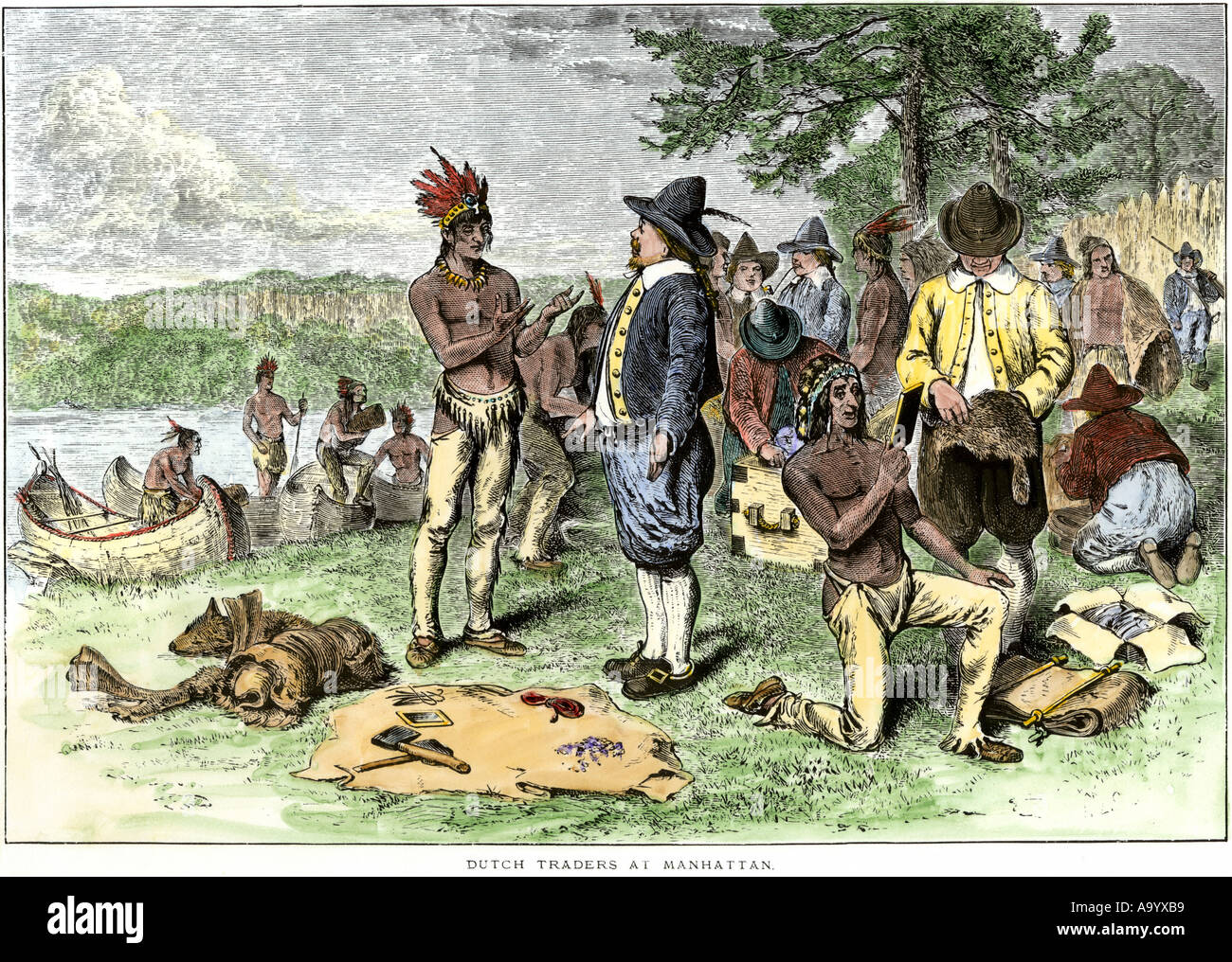 Niederländische Kaufleute Handel mit Indianern auf Manhattan Island 1600. Hand - farbige Holzschnitt Stockfoto