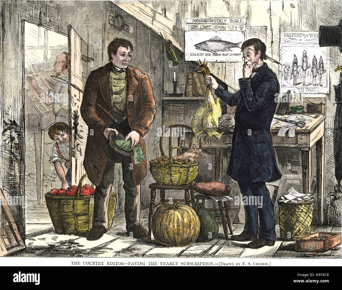 Ländliche Zeitungsverleger, landwirtschaftliche Produkte als Bezahlung für ein Abonnement 1800. Hand - farbige Holzschnitt Stockfoto