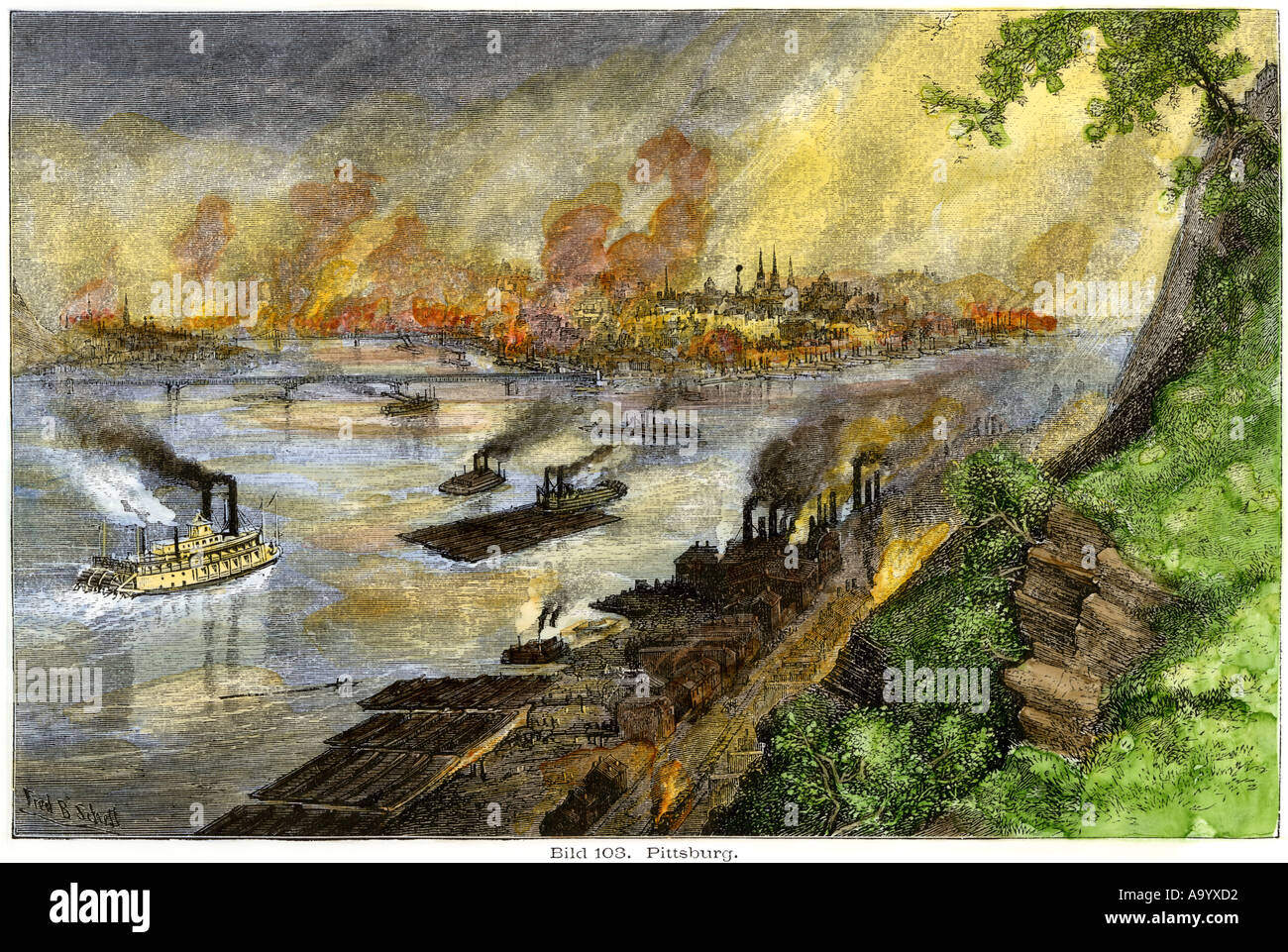 Stahlwerke verdunkeln den Himmel über Pittsburgh Pennsylvania Ende 1800. Hand - farbige Holzschnitt Stockfoto