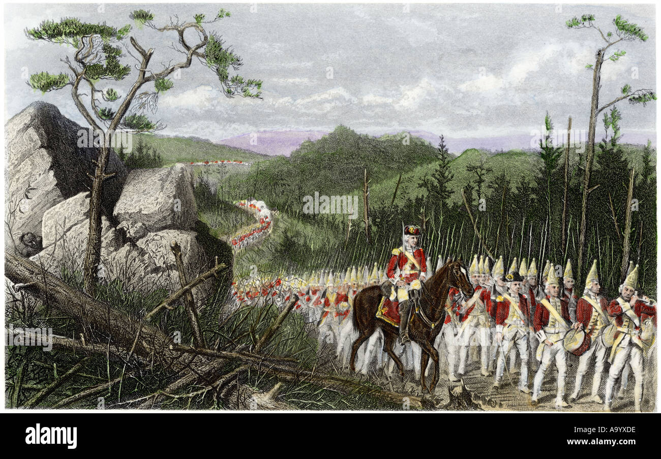 Der britische General Edward Braddock Marsch durch die Wüste zu Fort Duquesne Pennsylvania im Franzosen- und Indianerkrieg 1755. Hand - farbige Gravur Stockfoto Der britische General Edward Braddock Marsch durch die Wüste zu Fort Duquesne Pennsylvania im Franzosen- und Indianerkrieg 1755. Hand - farbige Gravur Stockfoto