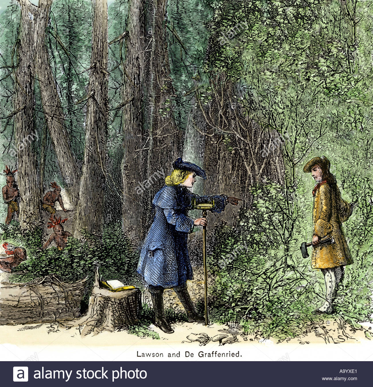 Vermessungsingenieure Lawson und DeGraffenried durch Tuscarora gebürtigen Amerikaner in der Carolinas 1711 gefangen. Hand - farbige Holzschnitt Stockfoto
