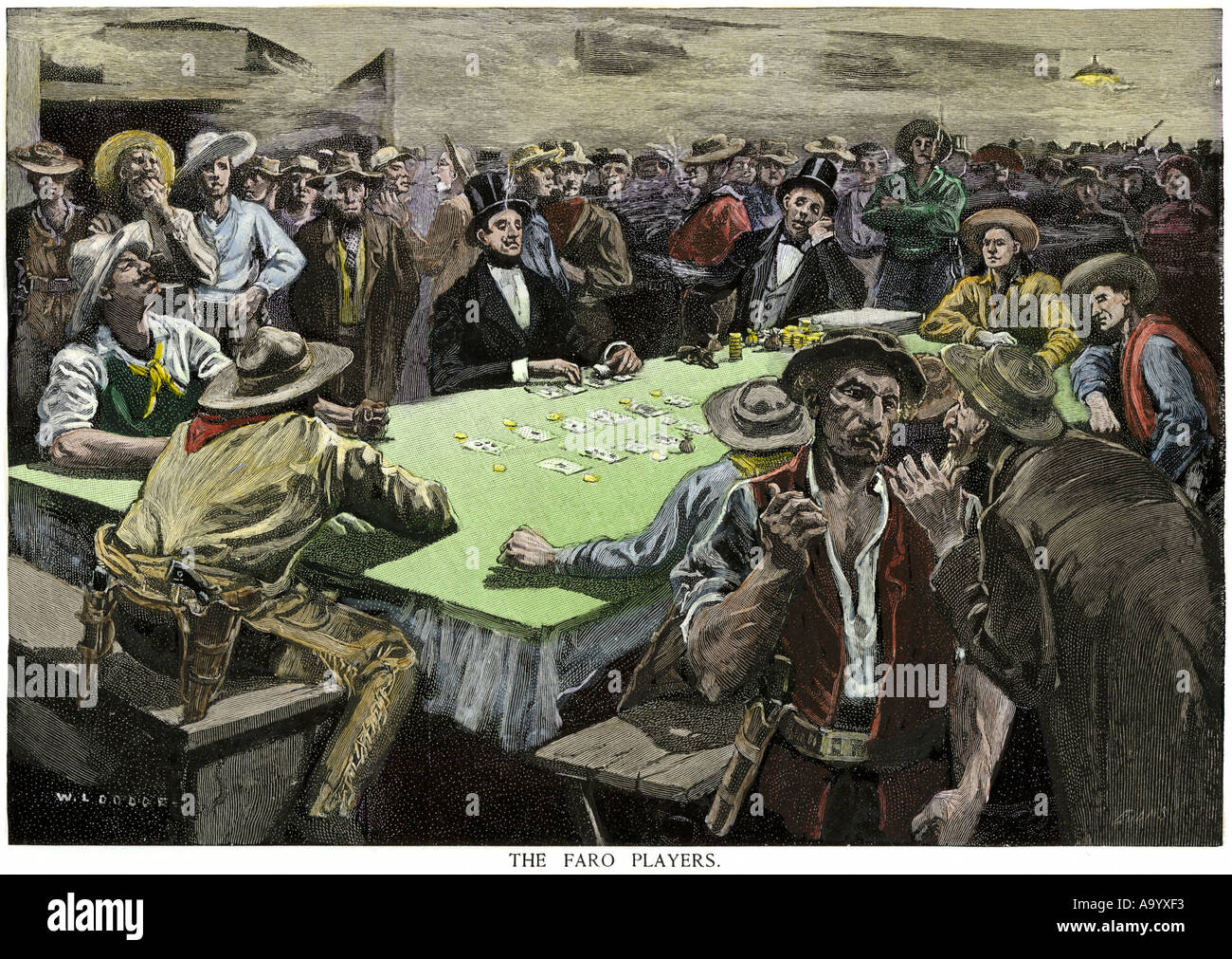 California Gold Rush Bergarbeiter in einem spielenden Limousine Faro zu spielen. Hand - farbige Holzschnitt Stockfoto