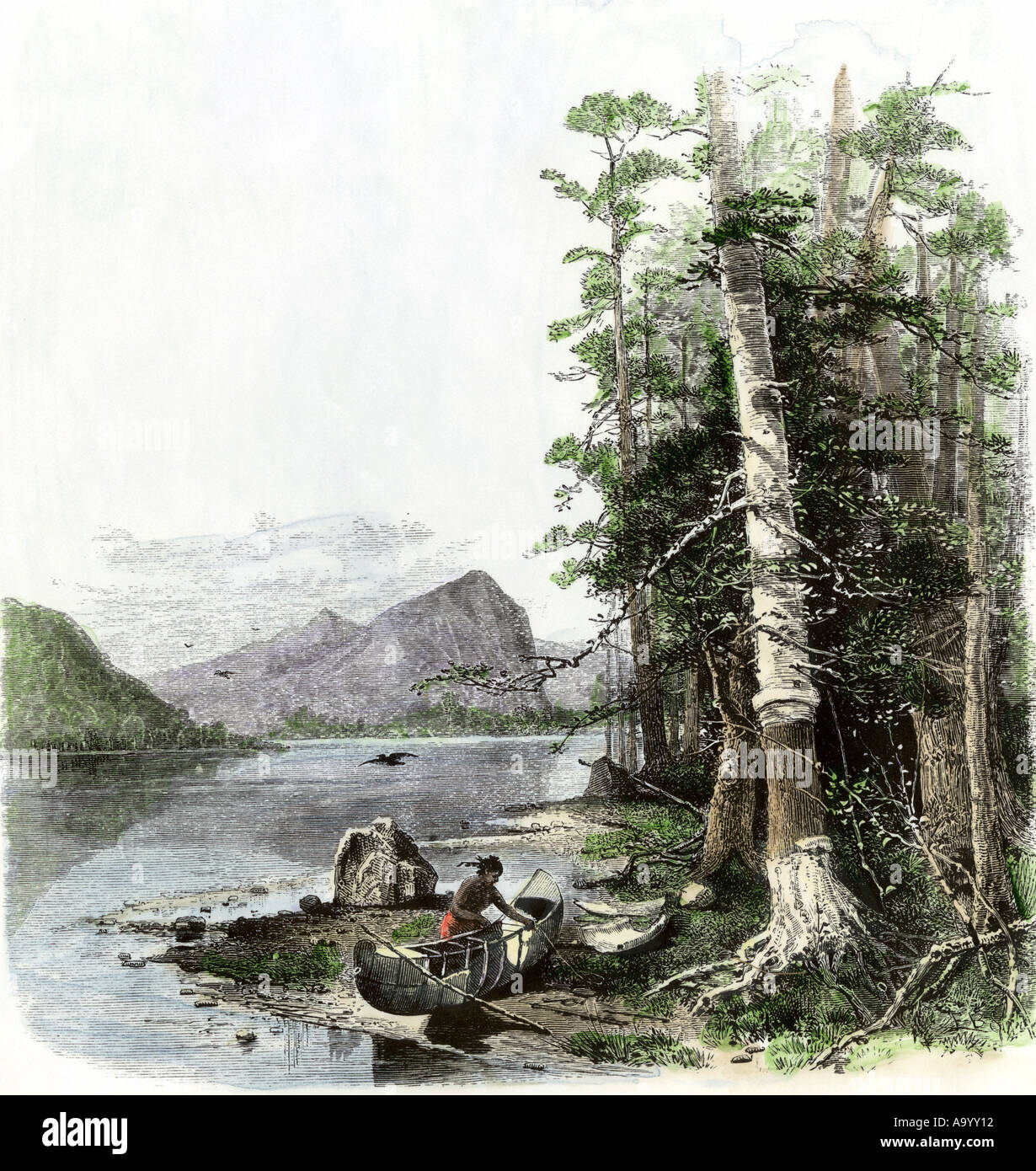 Native American Aufbau einer birchbark Canoe am Ufer einer Wasserstraße. Hand - farbige Holzschnitt Stockfoto