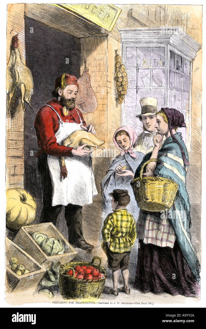Familie Einkaufen für ihr Thanksgiving Truthahn 1860. Hand - farbige Holzschnitt Stockfoto