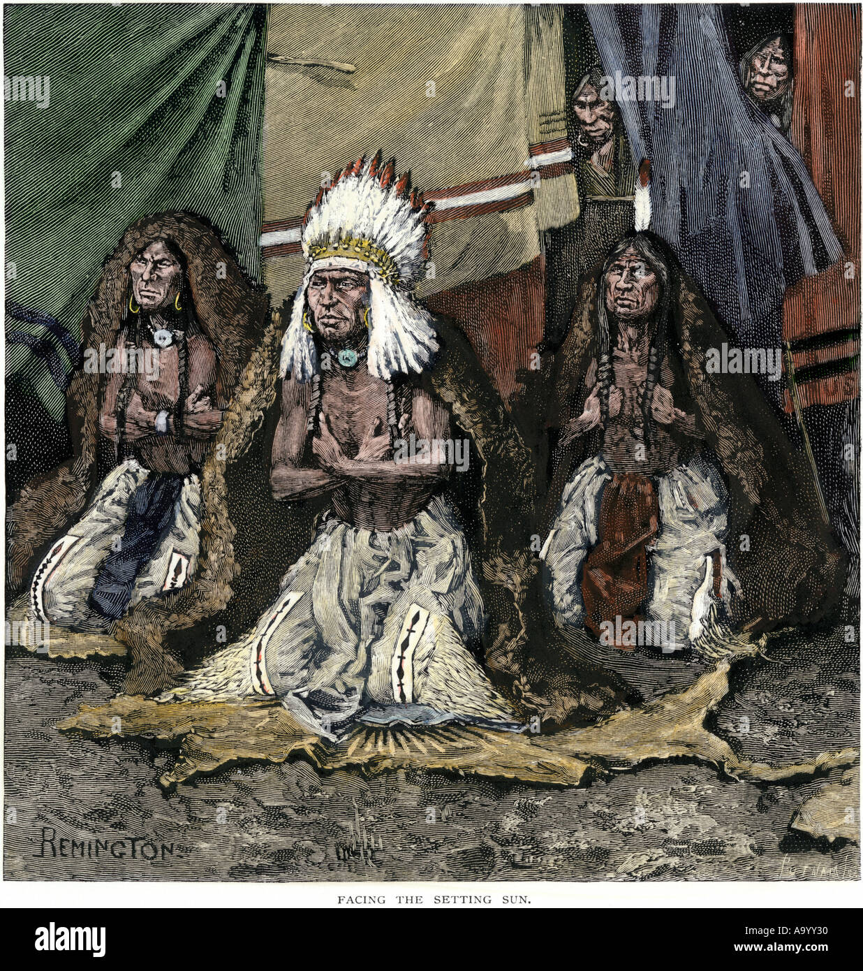 Sioux Führer feierlich auf das Meer und die untergehende Sonne 1800. Hand - farbige Holzschnitt von Frederic Remington Abbildung Stockfoto
