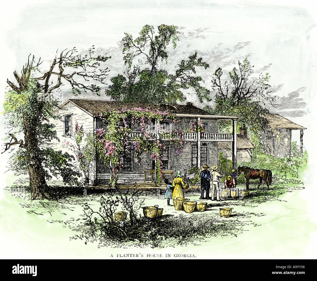 Plantation House in Georgien. Hand - farbige Holzschnitt Stockfoto