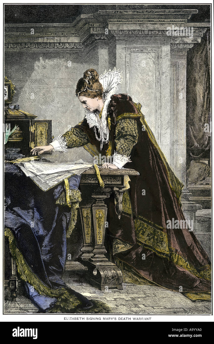 Elizabeth I das Todesurteil für Maria Stuart zu unterschreiben. Hand - farbige Holzschnitt Stockfoto