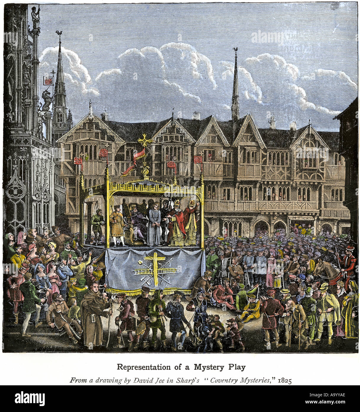 Coventry Geheimnis Leistung in den 1400s oder 1500s England. Hand - farbige Holzschnitt Stockfoto