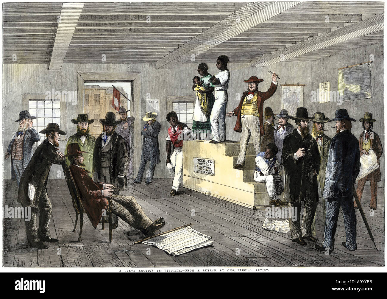 Slave Auktion in Virginia, 1800. Hand - farbige Holzschnitt Stockfoto