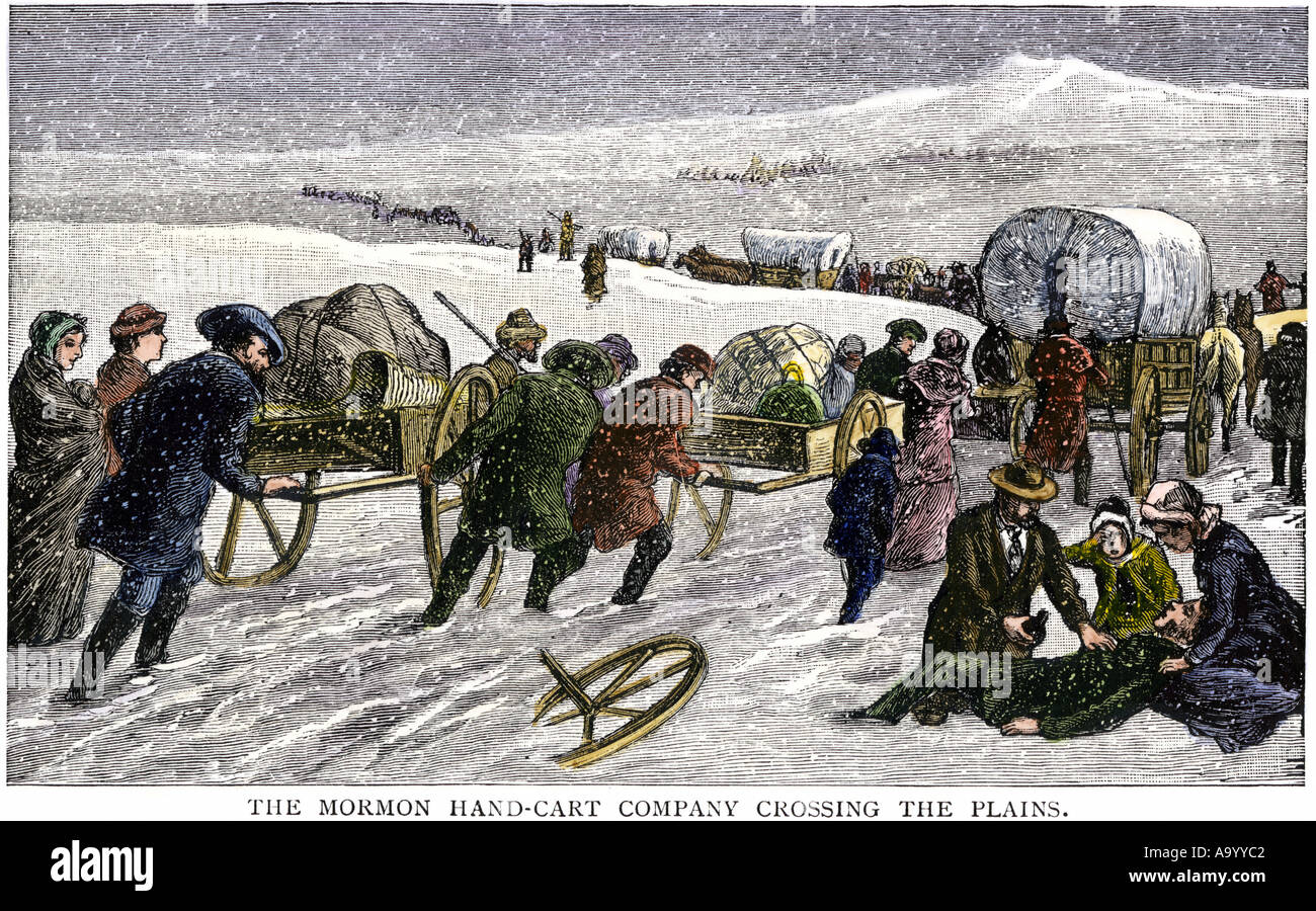 Mormon hand - Karre Firma über die Ebenen nach Salt Lake City zu kämpfen. Hand - farbige Holzschnitt Stockfoto