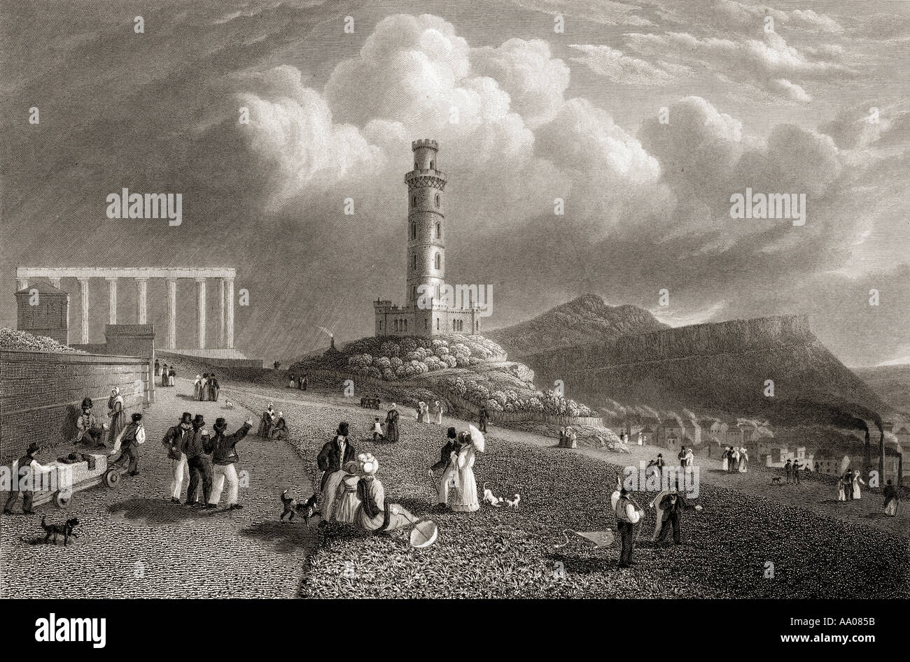 Edinburgh, Schottland. Die Calton Hill, Nelson's Monument. Das National Monument. Von der ursprünglichen Gemälde von lt Col Batty F R S Stockfoto