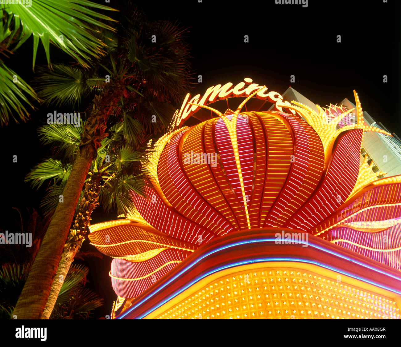 NEON SIGN FLAMINGO HILTON HOTEL CASINO STRIP LAS VEGAS NEVADA USA Stockfoto