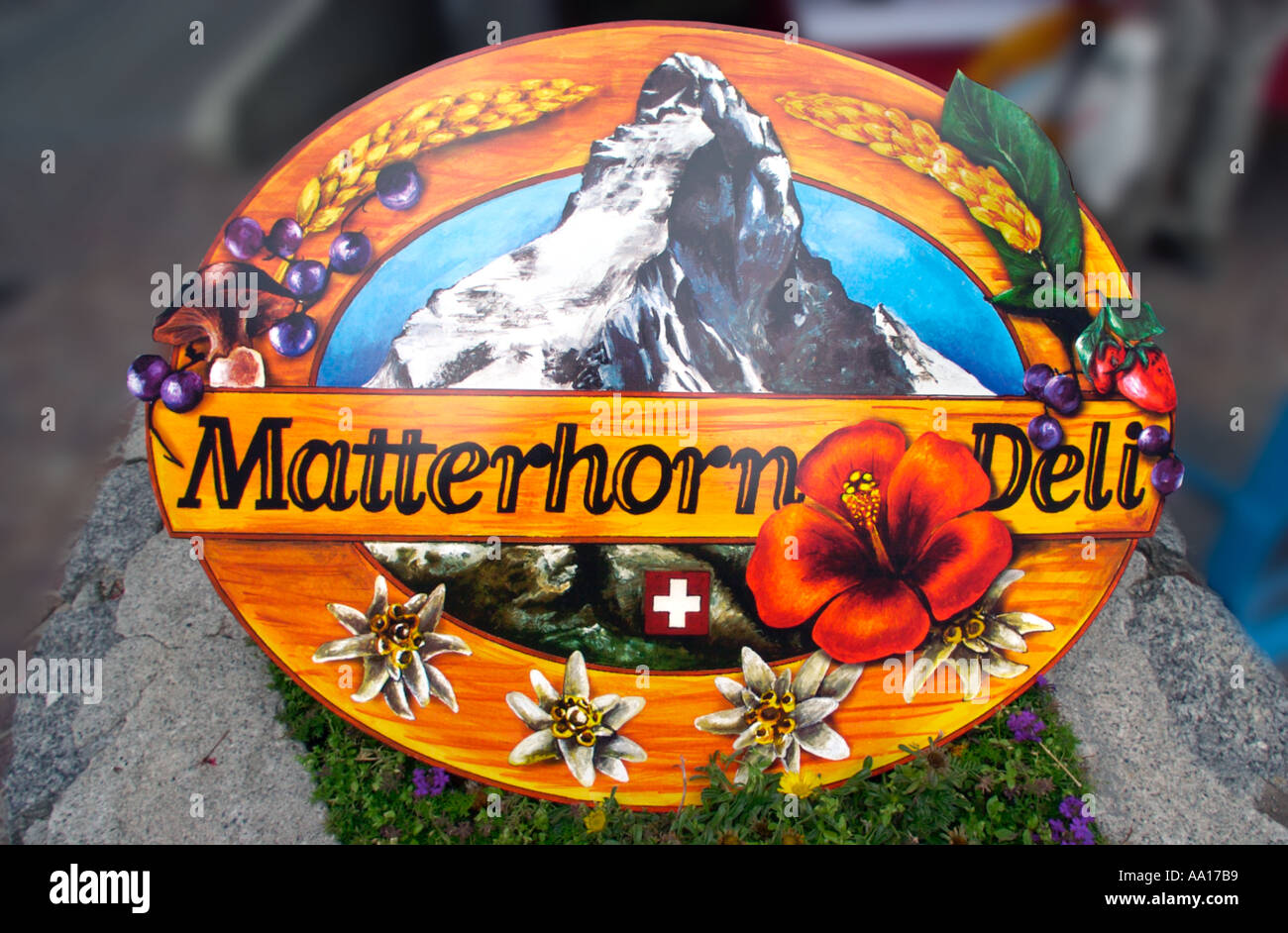 Matterhorn Deli Zeichen, Zermatt, Schweiz Stockfoto