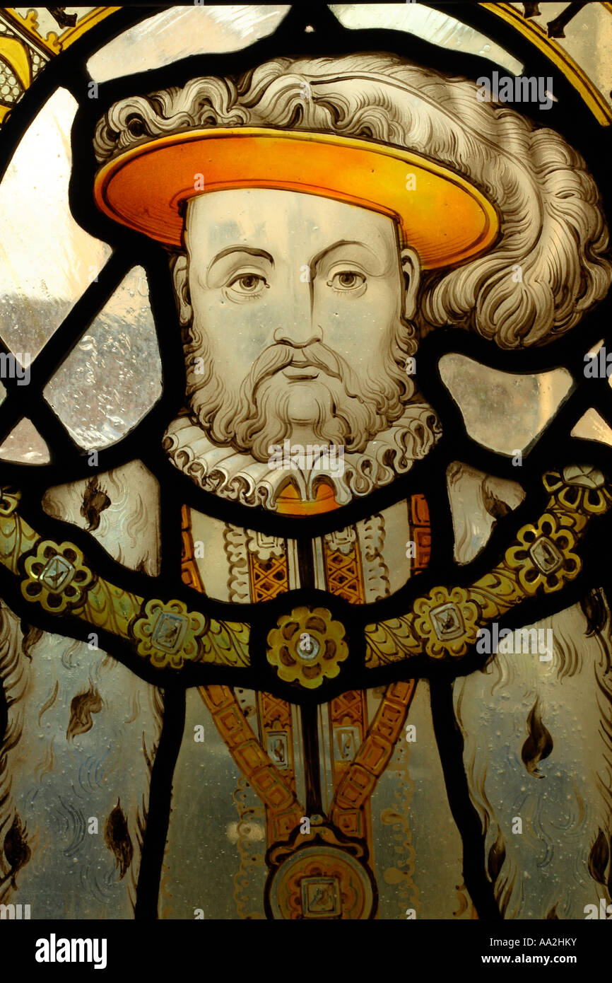 König Henry VIII achte Glasfenster im Bristol Kathedrale England Stockfoto