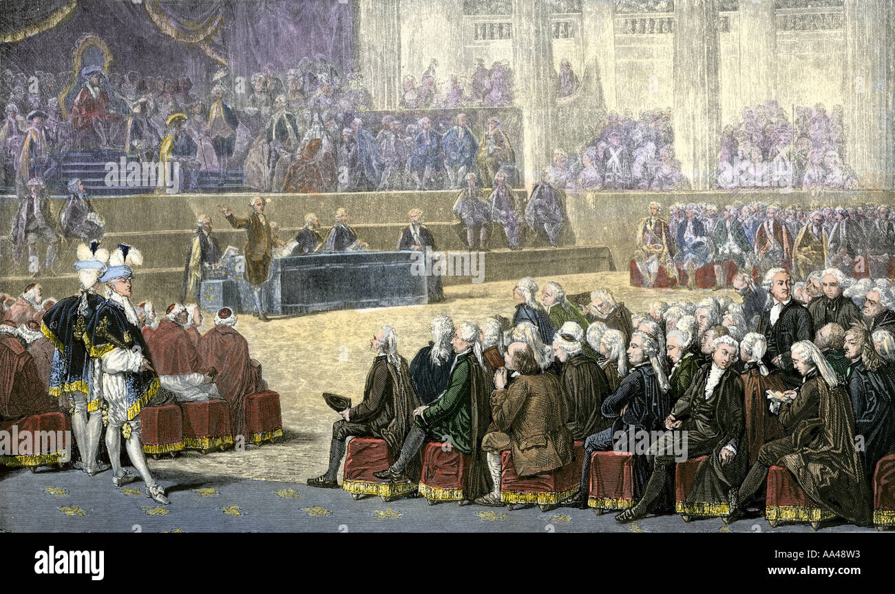 Eröffnung der Fincas Allgemeine in Versailles zu Beginn der Französischen Revolution 1789. Hand - farbige Gravur Stockfoto
