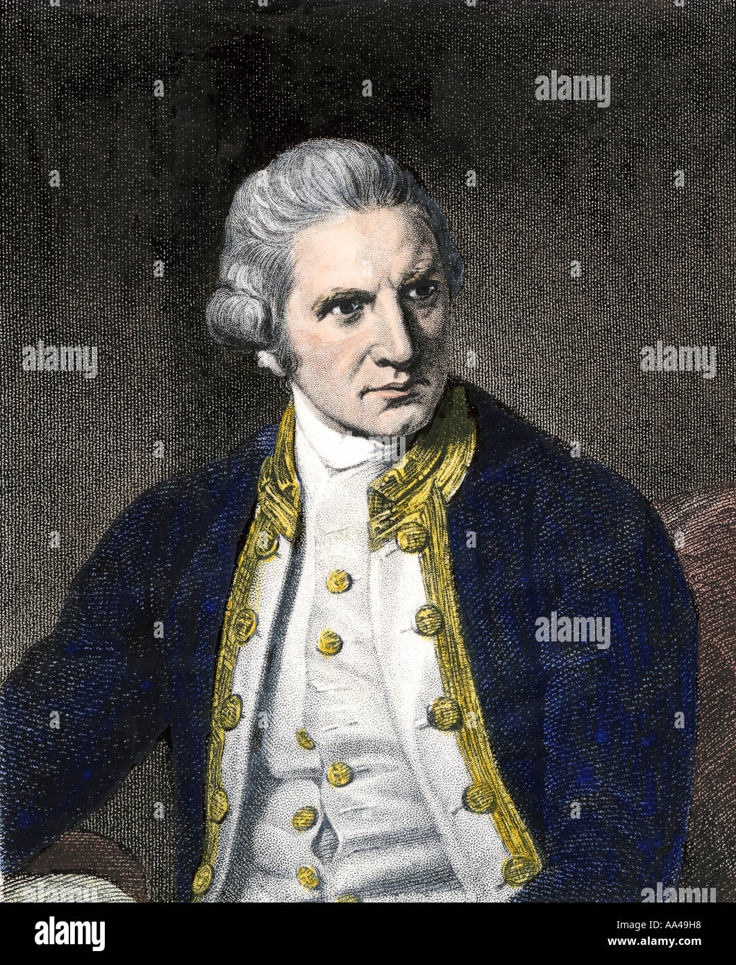 Explorer Captain James Cook. Hand - farbige Gravur Stockfoto