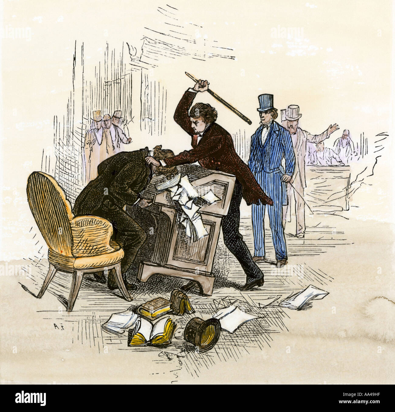 Senator Preston Brooks von SC angreifen Senator Charles Sumner von MA während der sklavenbefreiung Debatte 1856. Hand - farbige Holzschnitt Stockfoto