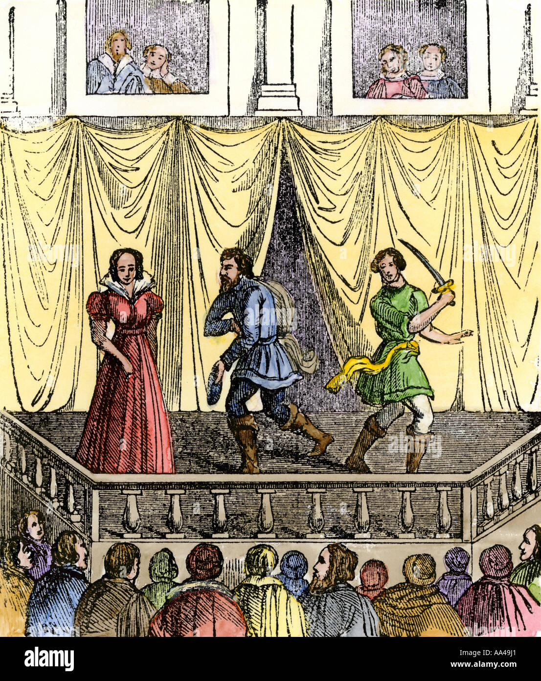 Blick auf die Bühne und Balkon in einem Elisabethanischen Theater. Hand - farbige Holzschnitt Stockfoto